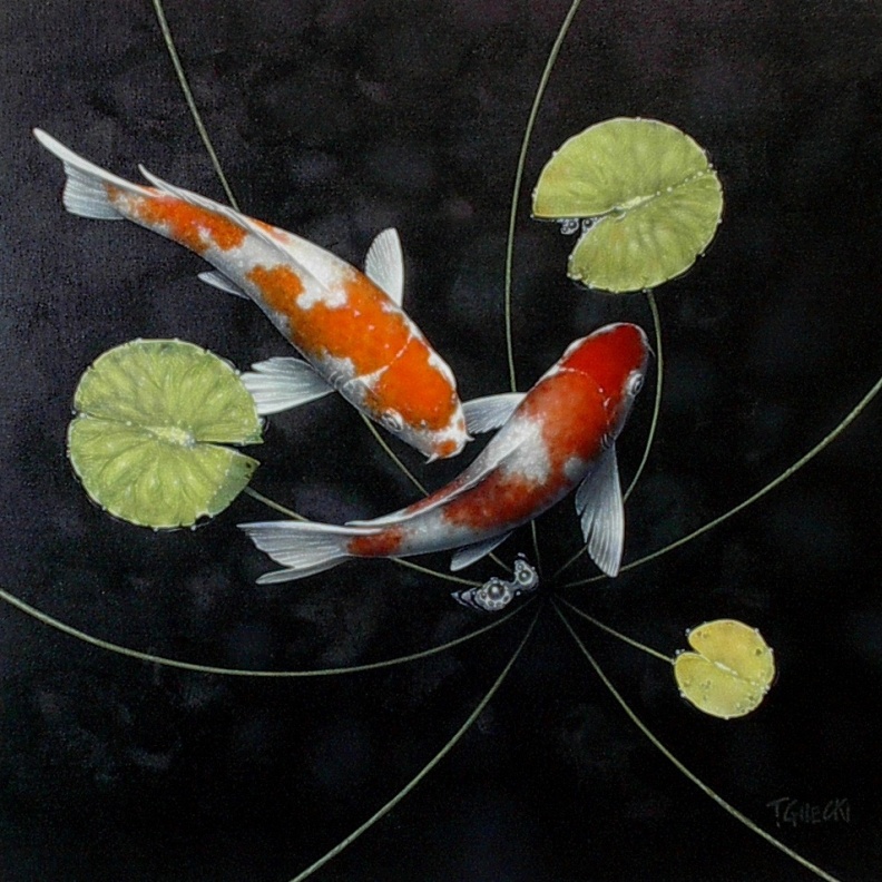 two koi fish in a dark pond