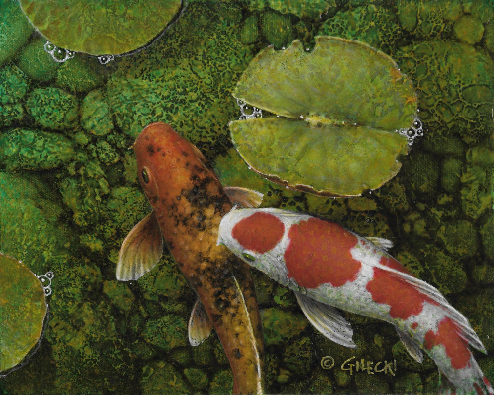 Small painting of koi fish in a green pond